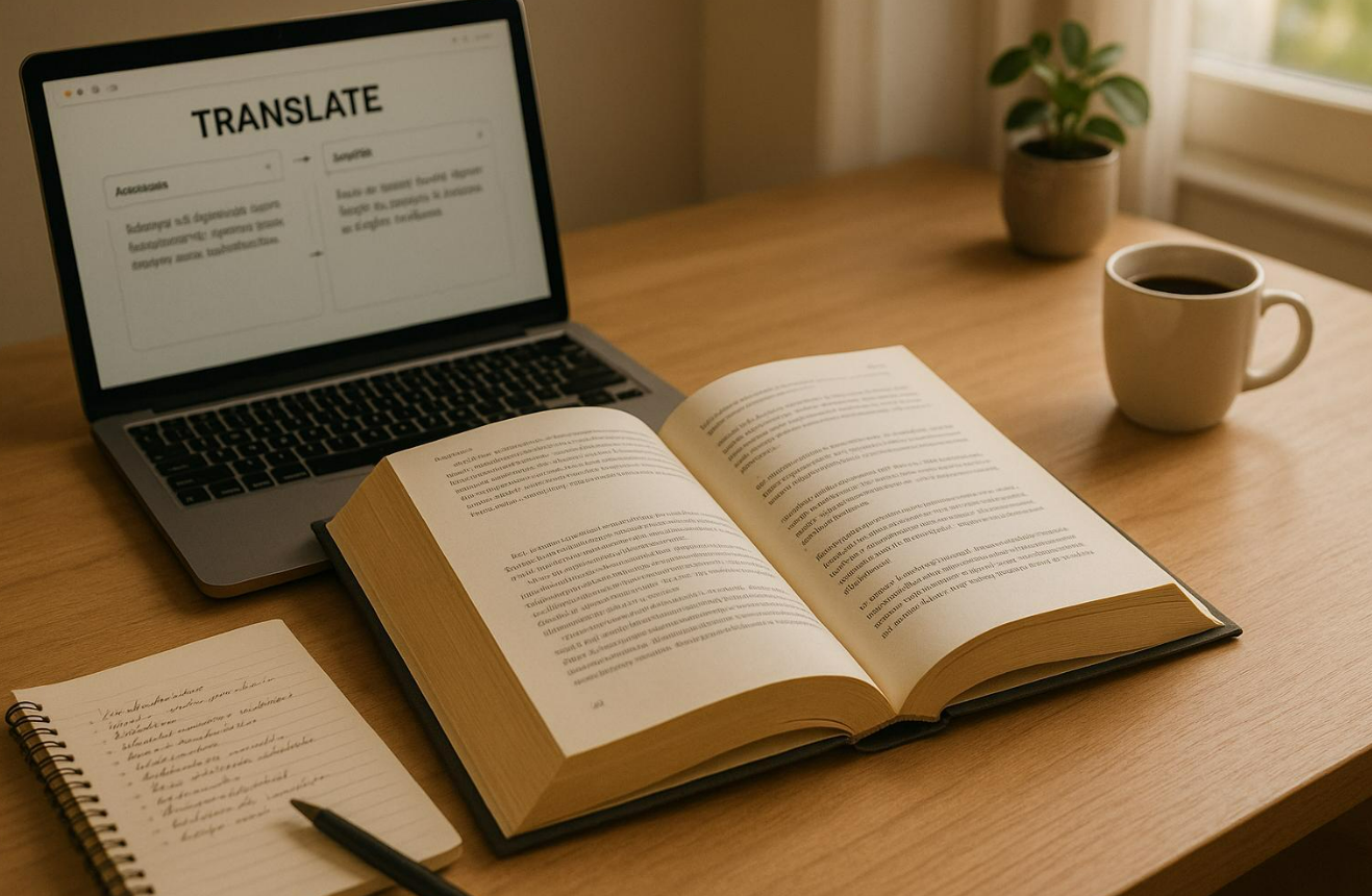 Professional translation workspace with documents and laptop